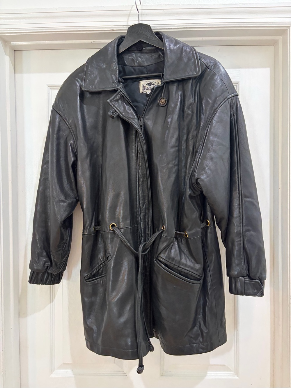 Black Leather Drawstring Waist Women's Jacket